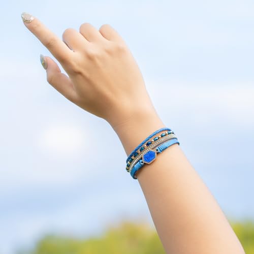 FANCY SHINY Crystal Beaded Leather Wrap Bracelet Stackable Boho Jewelry for Women Resin Stone Bangle Cuff with Magnetic Clasp - color: Blue
