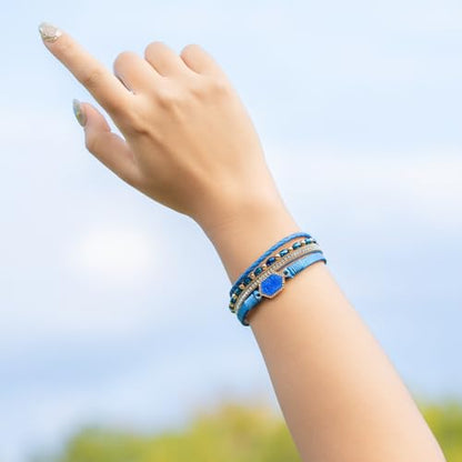 FANCY SHINY Crystal Beaded Leather Wrap Bracelet Stackable Boho Jewelry for Women Resin Stone Bangle Cuff with Magnetic Clasp - color: Blue