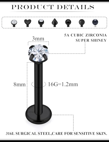 16G Flat Back Earrings Nose Studs 316L Surgical Steel Medusa Labret Monroe Lip Ring Tragus Forward Helix Conch Cartilage Lobe Earrings Stud Piercing Jewelry For Women Men 8MM Bar Length - color: Black