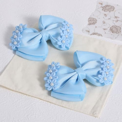 Light Blue Grosgrain Ribbon Bow Hair Clips 2pc 4" Pearl Flower Alligator Hair Pins Barrettes for little Teen Toddler Girls Kids Easter Summer Outfit Accessory Birthday Back School Gift - color: Light Blue