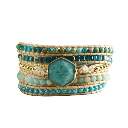 Handmade Boho Wrap Bracelets Natural Turquoise Crystal Stone Variety Beaded Strand Bracelet - color: Amazonite