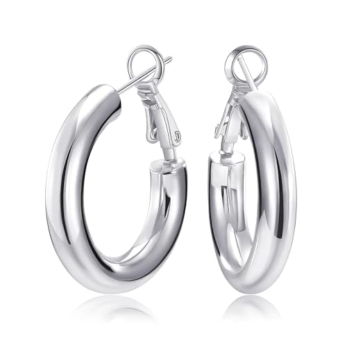 SHOWNII Chunky Gold Hoop Earrings - 14K Gold Plated Earrings for Women Hollow Tube Lightweight Thick Hoops 20/25/30/40mm Valentines Graduation Mother's Day Birthday Gifts - color: 20 Millimeters-White Gold Plated