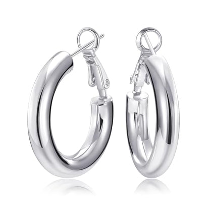 SHOWNII Chunky Gold Hoop Earrings - 14K Gold Plated Earrings for Women Hollow Tube Lightweight Thick Hoops 20/25/30/40mm Valentines Graduation Mother's Day Birthday Gifts - color: 20 Millimeters-White Gold Plated