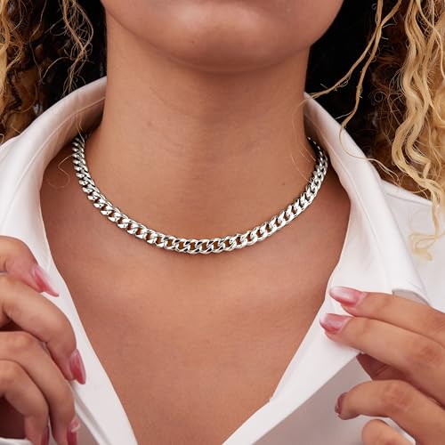 WomenGifts Cuban Link Chain Necklace for Women, Waterproof 14k Gold Silver Plated Chain Choker, Non Tarnish Stainless Steel Jewelry, 3.5/5/6/8/11mm,14/16/18 Inch Thin&Chunky&Thick - color: Silver, style: 8MM-14"