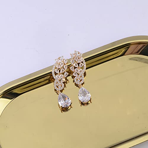 CZ Bridal Earrings for Wedding - 14k Plated Sterling Silver Elegant Teardrop Cubic Zirconia Crystal Rhinestone Floarl Leaf Cluster Chandelier Statement Dangle Drop Earrings for Bride Bridesmaids Party - color: 14K Gold Plated