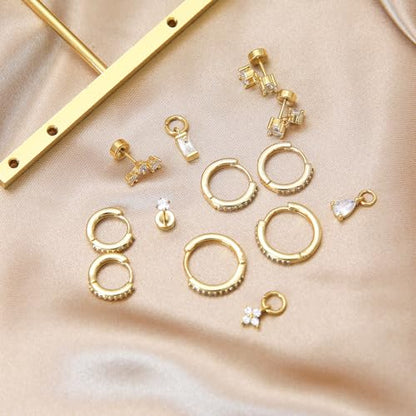 Stainless Steel Stud Earrings Set for Women Hypoallergenic Flat Back Cartilage Earrings Screw Back Huggie Hoop Earrings Multiple Piercing Cubic Zirconia Helix Tragus Jewelry - color: Set-E-14K Gold Plated