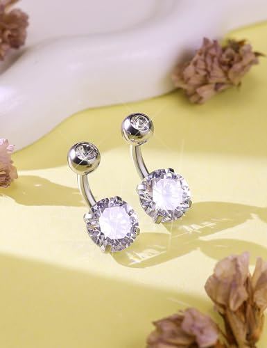 Long Belly Button Ring 6mm 8mm 10mm 12mm 14mm Surgical Stainless Steel Round Cubic Zirconia Navel Barbell Long Bar Belly Button Piercing Jewelry Silver, black, rose gold belly ring - color: 2pcs-6mm-Silver navel ring