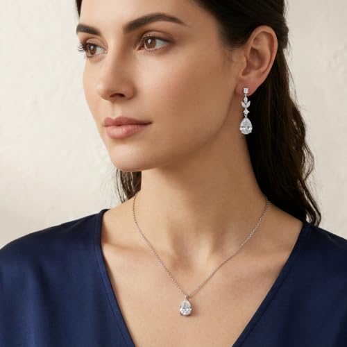 Teardrop Wedding Jewelry Set for Women, Silver Necklace and Earrings Set, Cubic Zirconia Bridal Jewelry for Bride Bridesmaid Prom Party