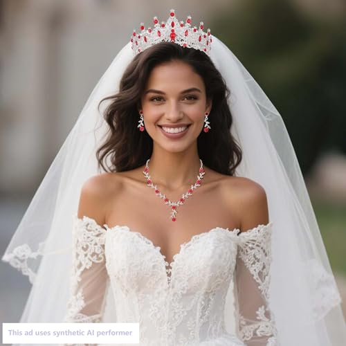 Kamirola Tiaras and Crowns for Women,Tiaras Earrings Necklace, Crystal Bridal Jewelry Set (TR48) - color: Silver Red