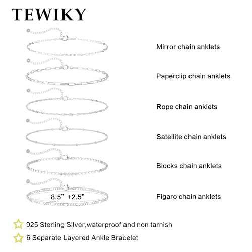 Tewiky Waterproof Ankle Bracelets for Women, 14K Real Gold Plated Anklets for Women 6PCS Anklet Set Dainty Summer Beach Jewelry - color: 6pcs dainty anklets