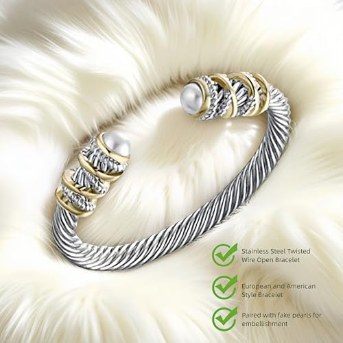 Stainless Steel Twisted Cable Wire Bracelet, Twisted Cable Bracelet with Composite Shell Pearl 6" Cuff Bracelets - color: Silver and Gold