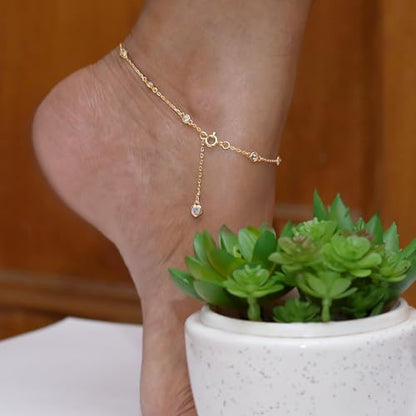 Link Chain Station Anklet Bracelet for Women 1.00 CT | 3MM Round Moissanite in Sterling Silver Jewelry for Her 8" to 10" - color: A2 : Yellow Gold