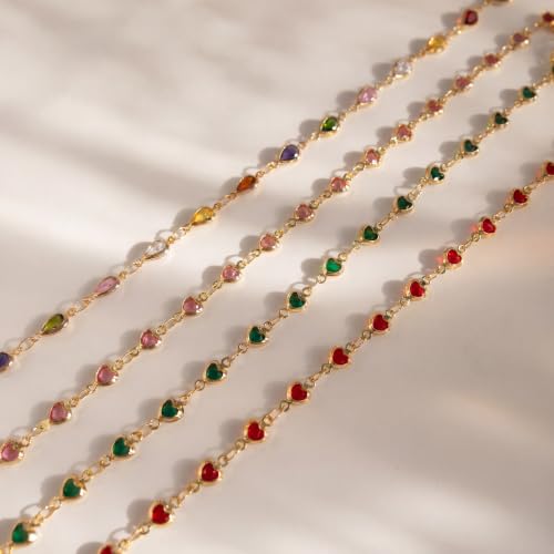 Colorful Necklace for Women,14K Gold Plated Chain With Crystal Necklace Womens Statement Cute Trendy Surfer Beach Choker Necklaces Gifts - color: Pink Heart