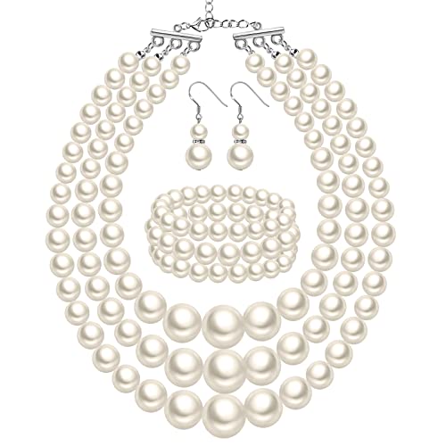 Haysandy Pearl Jewelry Set for Women 20s Jewelry Gift | Retro Layered Necklace Bracelet Earring, Costume Accessories for Derby Wedding Prom Party, Dress Matching Occasions - color: Beige