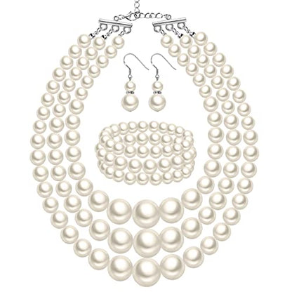 Haysandy Pearl Jewelry Set for Women 20s Jewelry Gift | Retro Layered Necklace Bracelet Earring, Costume Accessories for Derby Wedding Prom Party, Dress Matching Occasions - color: Beige