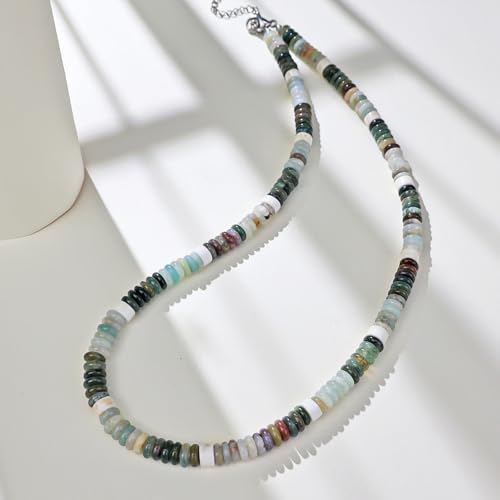 Beaded Necklaces for Women 3Pcs Colorful Boho Gemstone Bead Choker Summer Natural Stone Surfer Beach Bead Necklace Bracelets Earring Set Handmade Jewelry for Women Gift Jewelry Sets - color: 02-green