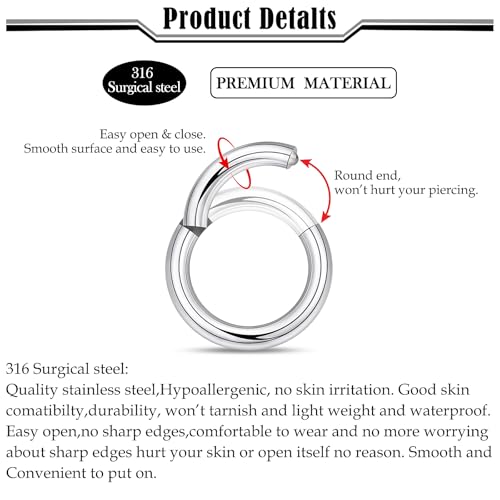 Septum Rings 16G 14G 12G 10G 8G 6G 4G 2G Surgical Steel Septum Stretching Kit Septum Pincher Tapers Gauge Kit Nose Ring Hoop Horseshoe Helix Tragus Daith Rook Piercing Jewelry for Women Men - style: 4G(5mm)-Inner Dia:16mm