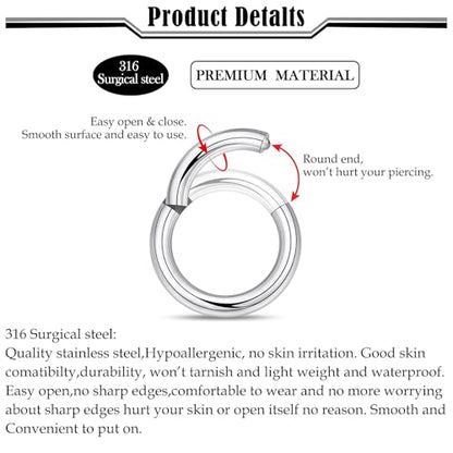 Septum Rings 16G 14G 12G 10G 8G 6G 4G 2G Surgical Steel Septum Stretching Kit Septum Pincher Tapers Gauge Kit Nose Ring Hoop Horseshoe Helix Tragus Daith Rook Piercing Jewelry for Women Men - style: 4G(5mm)-Inner Dia:16mm
