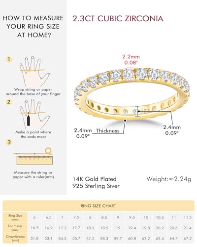 DAYBYDAY Sapphire/Emerald/Ruby Full Eternity Band Rings for Women, 2.4mm Thin Birthstone Stackable Rings, 925 Sterling Silver/14K Gold Plated Gemstone Wedding Band Anniversary Ring Size 6 to 10 - color: 04. White Cz, April, Gold Plated