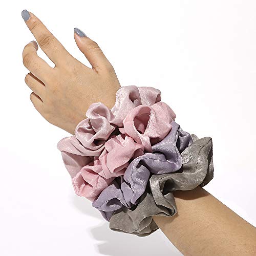 Ivyu Silk Satin Scrunchies - No Crease Hair Ties for Women, Thick Hair Ponytail Holders with Soft Elastic Bands - color: Gray Pink Light Pink Light Purple