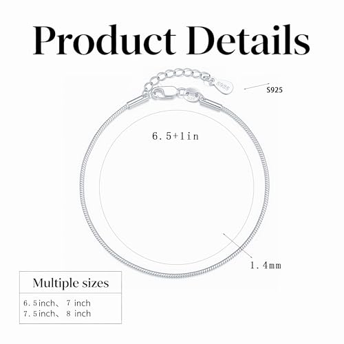 925 Sterling Silver Bracelet - Snake Chain Bracelet Delicate Gift for Women Wife, Size: 6.5 7 7.5 8 Inches - color: 6.5IN