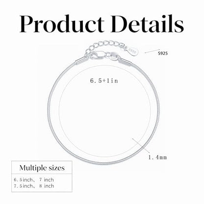 925 Sterling Silver Bracelet - Snake Chain Bracelet Delicate Gift for Women Wife, Size: 6.5 7 7.5 8 Inches - color: 6.5IN