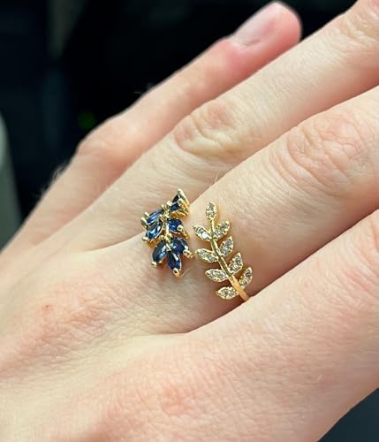 Adjustable Open Leaf & Vine Ring with Gemstone & Diamond | Cuff Deco Ring for Women Men | Adjustable Cuff Vine Leaf Deco Rings - color: Gold Blue