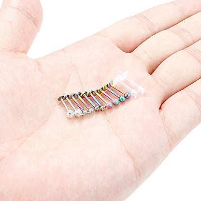 16G Stainless Steel Labret Studs Monroe Lip Rings Retainer Cartilage Tragus Nail Conch Helix Earring Barbell Piercing Jewelry with Clear Diamond CZ for Women Men - color: 12Pcs-8mm-rainbow