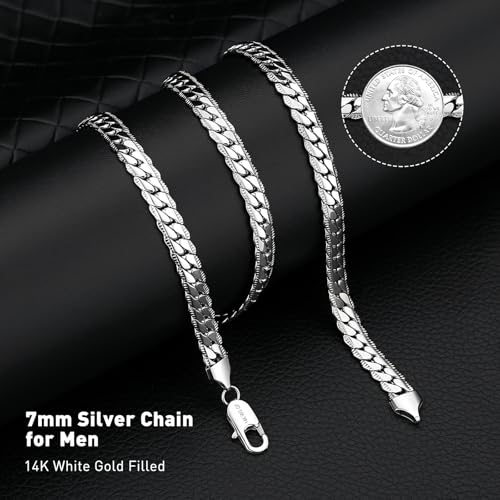7MM Cuban Link Chain for Men Silver Chains, Silver Mens Chain Necklace,316L Stainless Steel and 14K White Gold /14K Gold Filled, Gold/Silver Chain for Men Necklace - style: 7MM-26 Inch Silver
