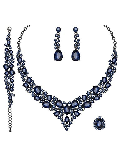 CSY Elegant Crystal Costume Jewelry Sets for Formal Events Gown Accessories | 4-Piece Set Bridal Necklace Earrings Bracelet Ring Set for Brides Eco-friendly Statement Jewelry for Wedding Party Prom - color: Navy blue