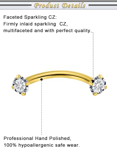 16G Eyebrow Piercing Jewelry Surgical Steel Cubic Zirconia Internally Threaded Vertical Labret Lip Jewelry Curved Barbell Tiny Eyebrow Rings Ear Rook Small Belly Button Ring for Women Men - color: goldtone,bar length:10mm