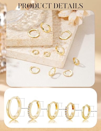 Turandoss 5 Pairs Gold Huggie Hoop Earrings for Women | Dainty Small Hoop Earring Stacks, Cartilage, Multiple Piercing, 14K Gold Plated, Hypoallergenic - color: Gold Hoop