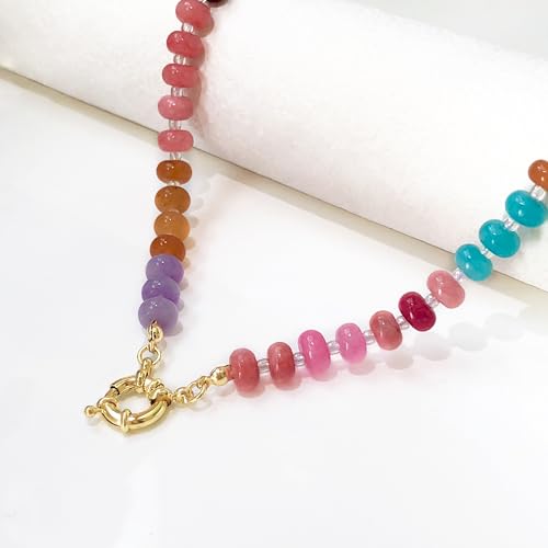 HAXIYA Colorful Beades Gemstone Necklace for Women Boho Beaded Choker | Rainbow Natural Stone Chunky Bead Surfer Summer Beach Necklaces Jewelry Hypoallergenic - color: Multi
