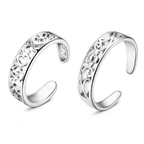 2PCS Toe Rings For Women, Adjustable Silver Toe Ring, Open Cuff Daisy Moonstone Band, Beach Foot Jewelry Set
