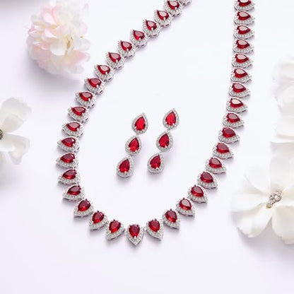 EleQueen Women's Silver-Tone Full Prong Cubic Zirconia Teardrop Bridal Necklace Earrings Set - color: 03-Ruby Color