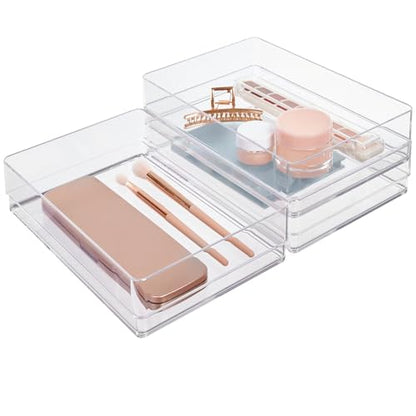 STORi SimpleSort 3-Piece Stackable Clear Drawer Organizer Set | 9" x 6" x 2" Rectangle Trays | Wide Makeup Vanity Storage Bins and Office Desk Drawer Dividers | Made in USA - size: 9x6x2"
