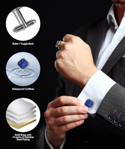 Large Big Square Crystal Color Stone Cuff Links for Men – Tuxedo Suit Accessories, Cufflinks for Men - style: Royal/Silver