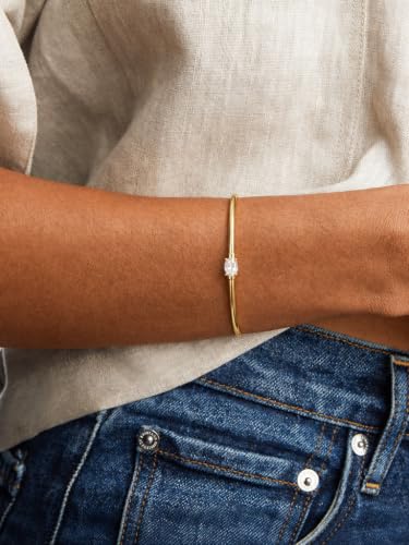 Gold Cuff Bracelets for Women, 14K Gold Plated Dainty Open CZ Cuff Bracelet Adjustable Stackable Open Bangle Bracelet Birthday Jewelry Gift for Her - color: Oval CZ-Gold
