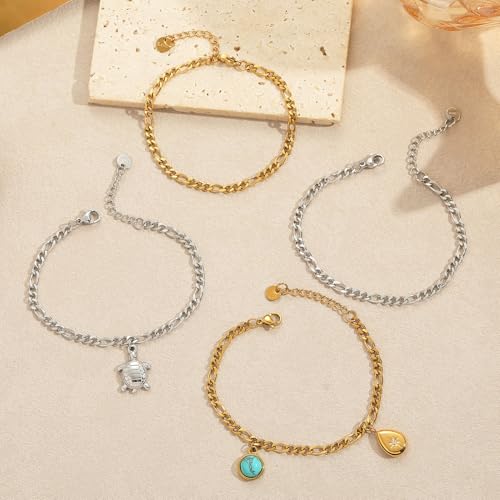 10 PCS Bracelets for Women Stainless Steel Chain Link Bracelet Set | 6.7 Inches with Extender, Jewelry Gifts for DIY, Chains Bulk, Oval, Curb, Figaro Chains, 18K Gold Plated, Silver, Chunky - color: Figaro Silver