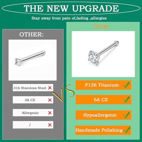 Gotumo 20G Nose Rings Titanium Nose Studs Cubic Zirconia Straight Nose Piercing Jewelry Hypoallergenic Nose Rings Studs for Women Men 6pcs set Silver - color: Gold, size: 20G Straight 9pcs
