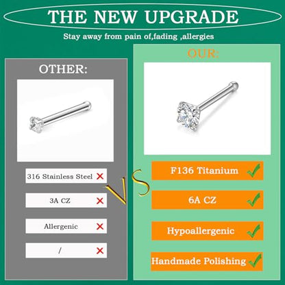 Gotumo 20G Nose Rings Titanium Nose Studs Cubic Zirconia Straight Nose Piercing Jewelry Hypoallergenic Nose Rings Studs for Women Men 6pcs set Silver - color: Gold, size: 20G Straight 9pcs