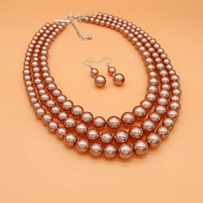 Chunky Layered Imitation Pearl Necklace for Women 3 strand Pearl Necklaces Faux Pearl Necklace Earrings Set 1920s Flapper Gatsby Costume Accessories - color: 3 strand pearl necklace champagne