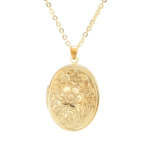 Engraved Flower Empaistic Geometric Photo Locket Necklace Gold Silver Plated Vintage Antiqued Carved Pattern Oval Round Hold Pictures Pendant Necklace for Men Women Souvenir Memorial Fashion Jewelry Gifts - color: Gold
