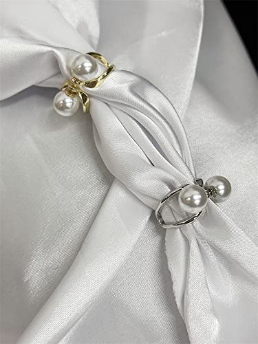 Double Pearls Silk Scarf Ring Clip Brooch for Women Girls 10mm Artificial Shell Pearl Butterfly Bowknot Shawl Scarves Statement Finger Rings Size 8 Dainty Mother's Birthday Wedding Party Jewelry Gift - color: Gold