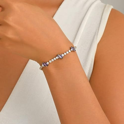 18K Gold Plated Cubic Zirconia Tennis Bracelet for Women Sparkling Stackable Stainless Steel Jewelry Hypoallergenic Tarnish Resistant Bridal Gift - color: Purple Baguette CZ-Gold