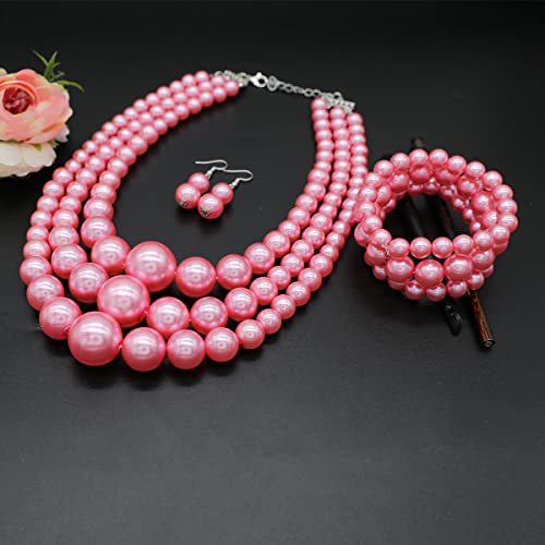 Big Chunky Pearl Necklace and Earrings Set Large Costume 1920s Faux Pearls Gatsby Accessories - color: A-Pink