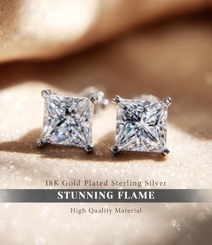"STUNNING FLAME" Trillion-cut/Cushion-cut/Emerald-cut/Marquise-cut ... 18K White Gold Plated Sterling Silver Cubic Zirconia Simulated Diamond Stud Earrings for Women - color: Princess-Cut, size: small-white gold plated silver