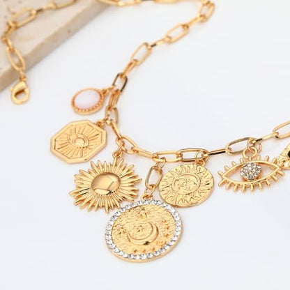 Charm Necklace for Women Gold Evil Eye Sun Moon Flower Coin Pendant Necklace Dainty Paperclip Chain Vintage Luck Amulet Choker Necklaces Celestial Jewelry Gift - style: 8 Coin Charms
