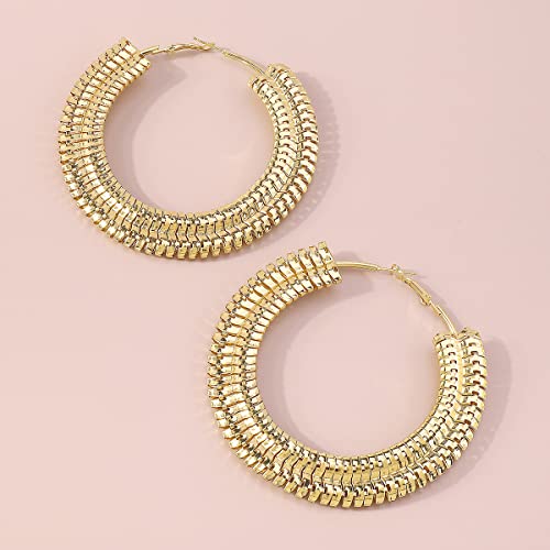 Extra Large Chunky Cuban Hoop Earrings Geometric Double Layered Round Loop Boho Earrings for Women (80mm gold) - size: 80mm gold