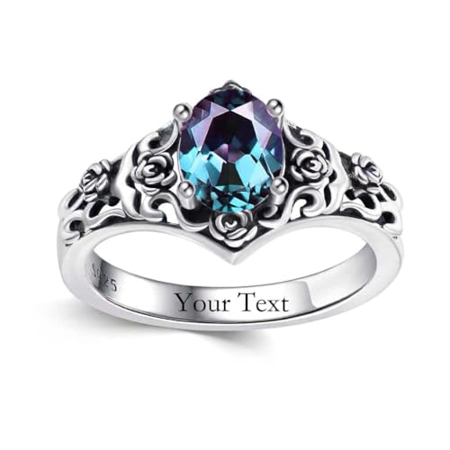 1 CT Oval Cut Gemstone Vintage Filigree Ring 925 Sterling Silver Retro Rose Teardrop Birthstone Statement Ring Anniversary Jewelry Gifts for Women Ring Size 4-13 - color: Alexandrite